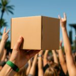 Festivalarmband och ett paket från Sendify på en röd bakgrund