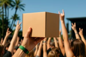 Festivalarmband och ett paket från Sendify på en röd bakgrund