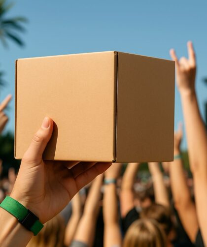 Festivalarmband och ett paket från Sendify på en röd bakgrund