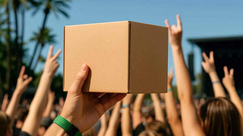 Festivalarmband och ett paket från Sendify på en röd bakgrund