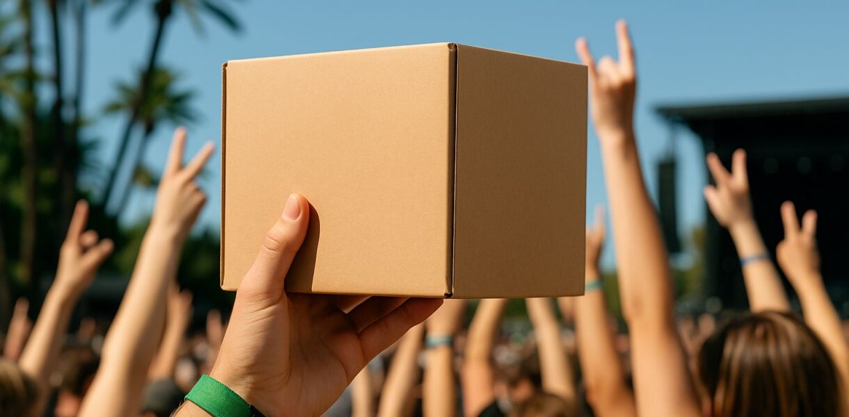 Festivalarmband och ett paket från Sendify på en röd bakgrund